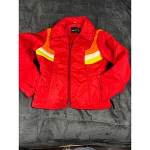 Vintage Aspen Ski Jacket Red Orange Rainbow Stripe 70s Retro Puffer Womens S/M